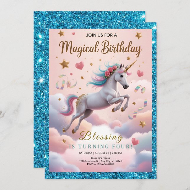 Invitation Magical Rainbow Unicorn 4th Birthday (Devant / Derrière)