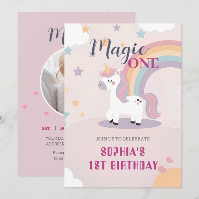 Invitation Magical Unicorn 1st Birthday (Devant / Derrière)