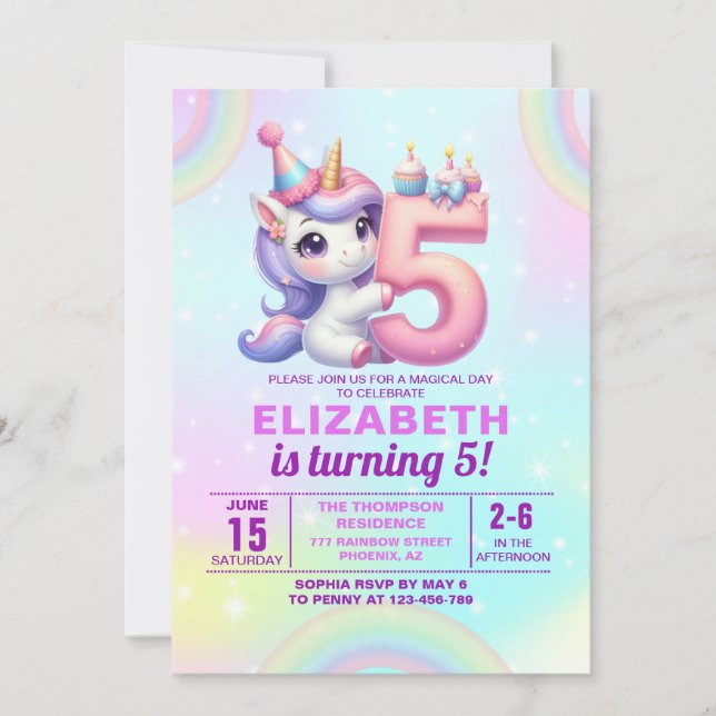 Invitation Magical Unicorn 5th Birthday – Rainbow theme (Devant)