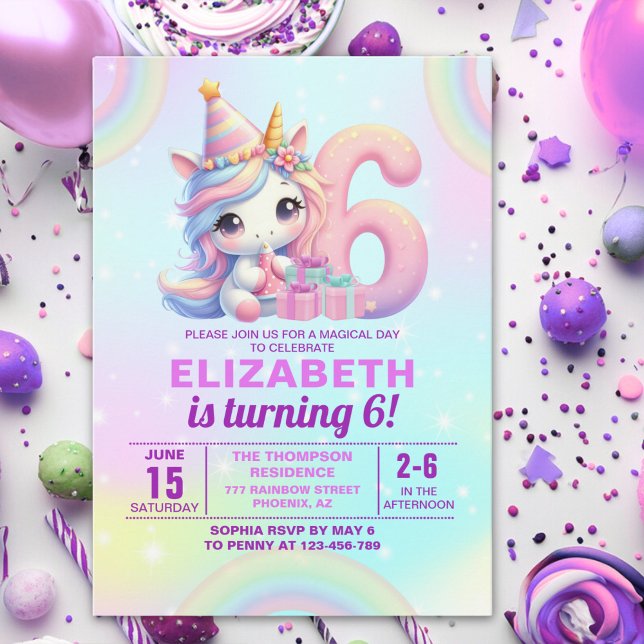 Invitation Magical Unicorn 6th Birthday – Rainbow (Créateur téléchargé)