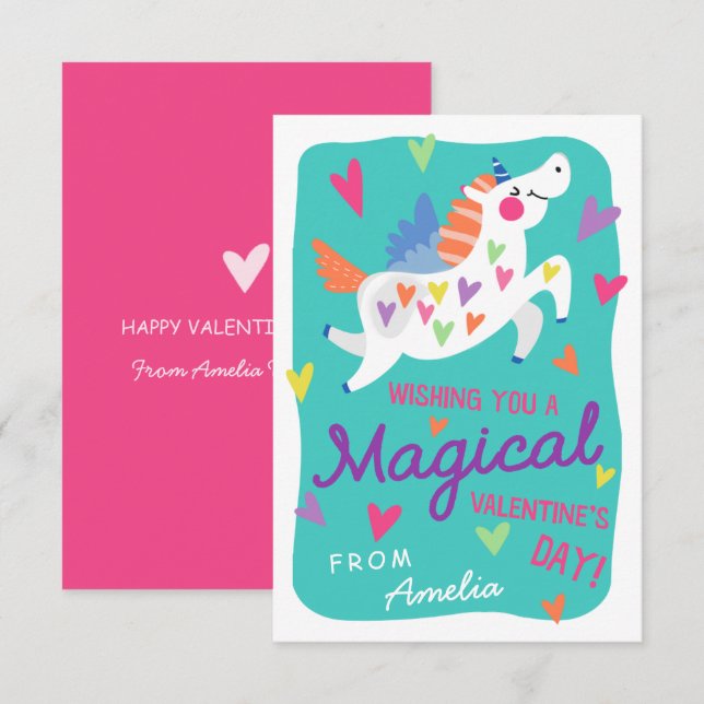 Invitation Magical Unicorn Classroom Valentine's Day Card (Devant / Derrière)