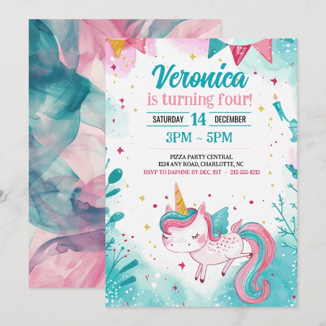 Invitation Magical Unicorn Fun Kid's Birthday Party (Devant / Derrière)