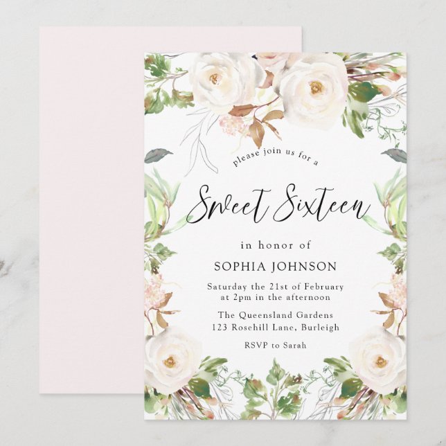 Invitation Magical White Winter Wonderland Blush Sweet 16 (Devant / Derrière)