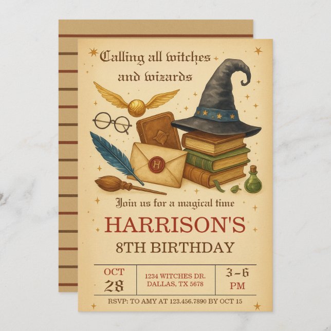 Invitation Magical Wizard and Witches Birthday (Devant / Derrière)