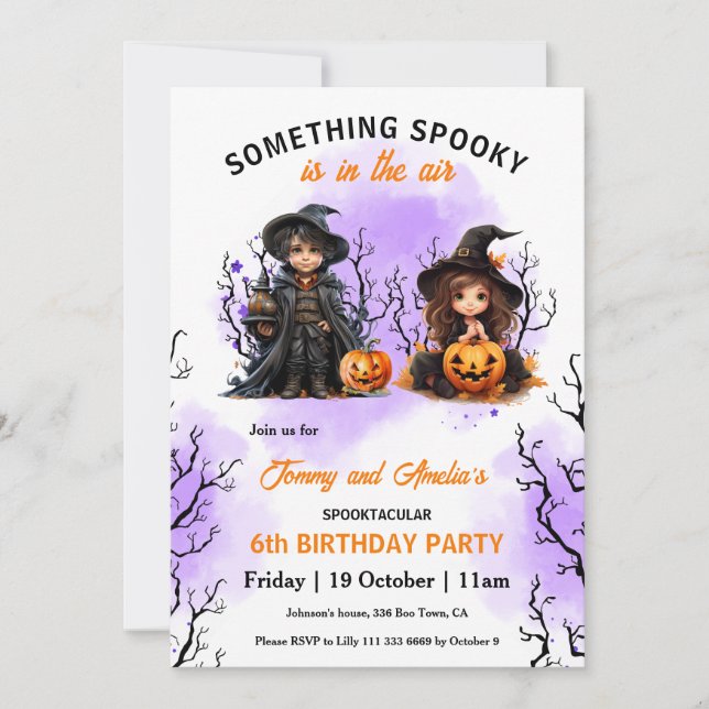 Invitation Magicien mignon et sorcière jumelle Halloween Anni (Devant)