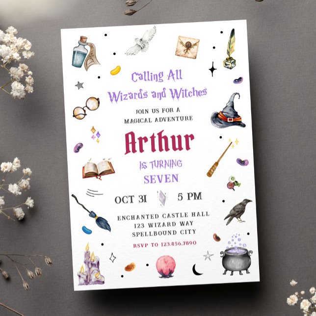 Invitation Magie aquarelle Anniversaire Sorciers et Sorcières (Créateur téléchargé)