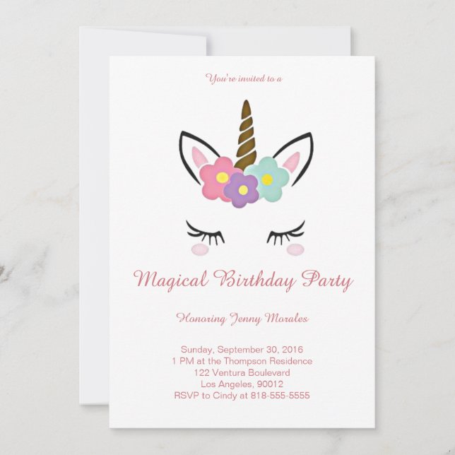 Invitation magique à l'anniversaire de l'Unicorne (Devant)