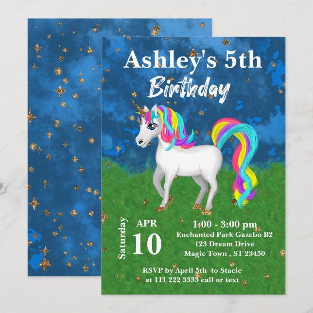 Invitation Magique adorable Unicorne 5e fête d'anniversaire (Devant / Derrière)