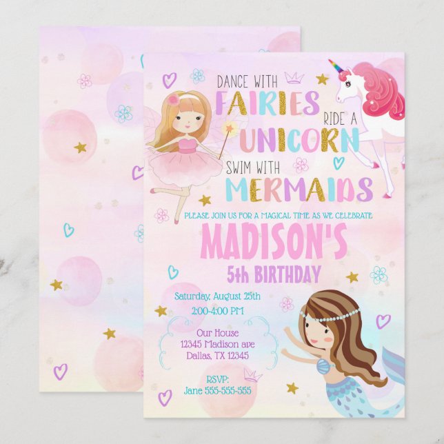 Invitation magique Anniversaire Sirène Unicorn Fée (Devant / Derrière)