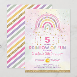 Invitation Magique Arc-en-ciel rose nuages d'or Filles Annive
