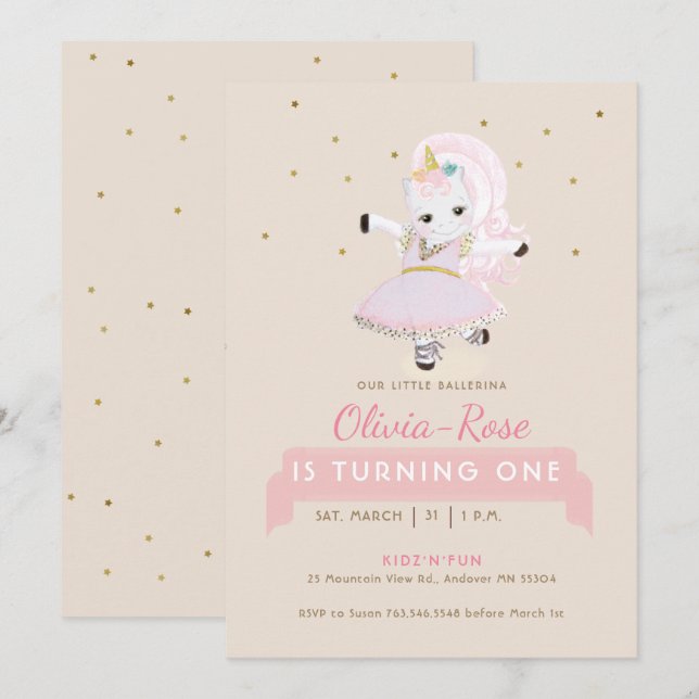 Invitation Magique Ballerina Unicorn Blush Rose fille Anniver (Devant / Derrière)