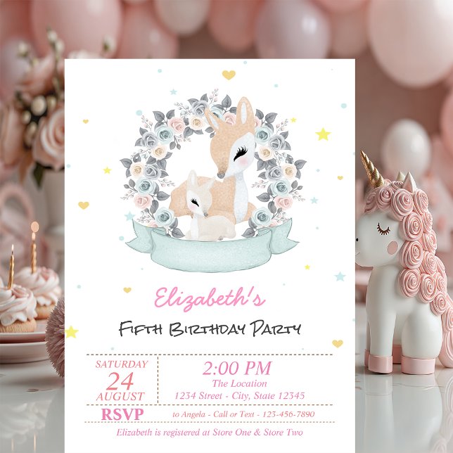 Invitation Magique Bébé Reindeers Étoiles Roses Anniversaire (Créateur téléchargé)