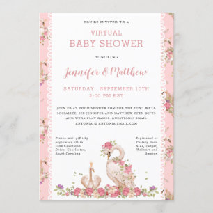 Invitation Magique Bébé Swan Princess Baby shower rose floral