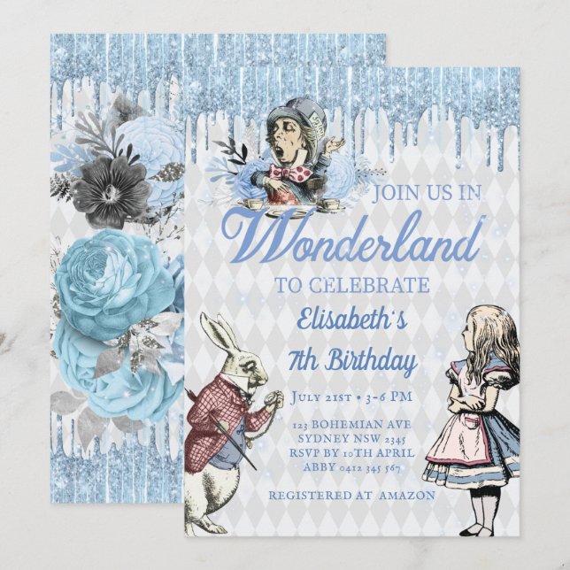 Invitation Magique Blue Ice Alice à la fête du pays des merve (Devant / Derrière)