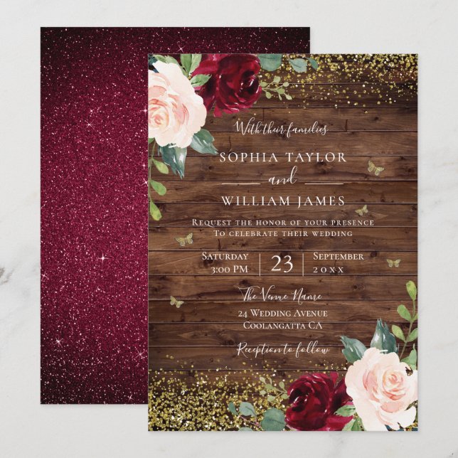 Invitation Magique Blush & Bourgogne Floral Rustic Mariage (Devant / Derrière)