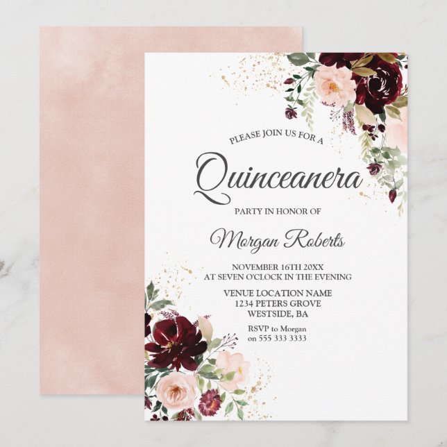 Invitation Magique Bourgogne Blush Vin Rouge Floral Quinceane (Devant / Derrière)