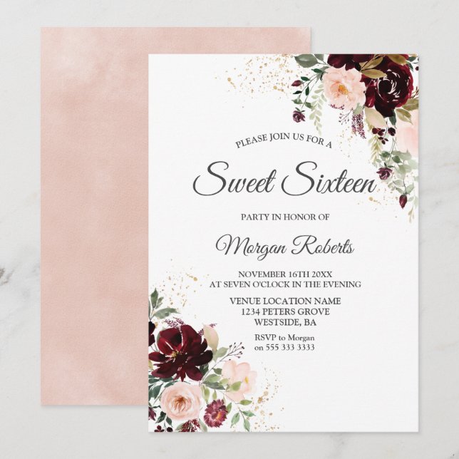 Invitation Magique Bourgogne Blush Vin Rouge Floral Sweet 16 (Devant / Derrière)