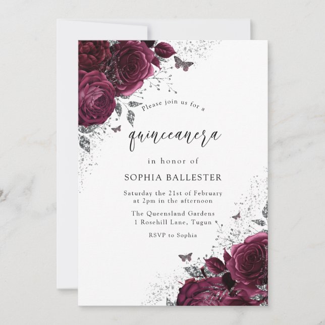 Invitation Magique Bourgogne Rose Silver Elegant Quinceanera (Devant)