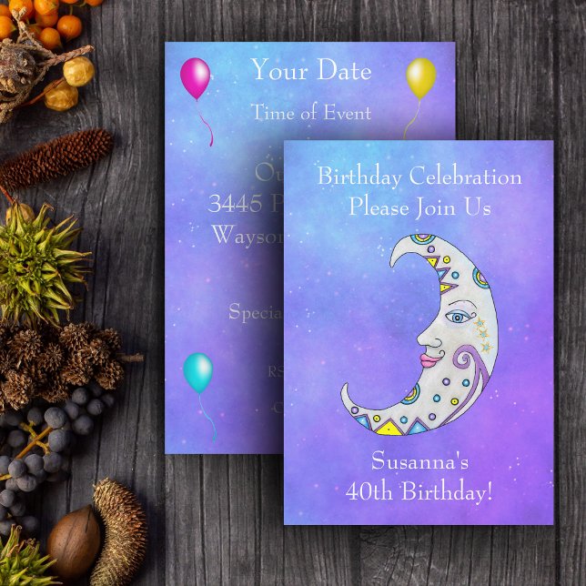 Invitation Magique Croissant Lune Visage Couleur Marques Ciel (Magical crescent moon pretty face colourful markings on purple sky Birthday party invitations.)