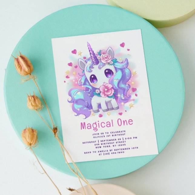 Invitation Magique Cute One Modern Unicorn Premier Anniversai (Créateur téléchargé)