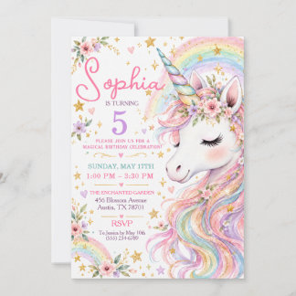 Invitation Magique Licorne Fleurie Anniversaire Arc-en-Ciel