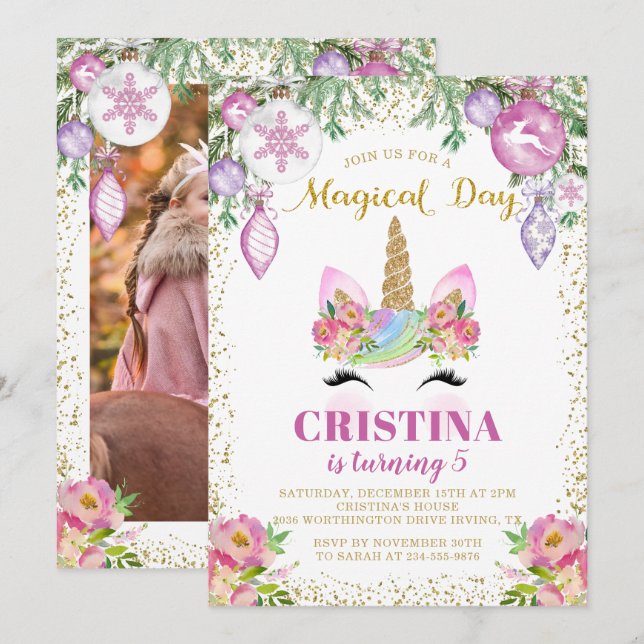 Invitation Magique Noël Floral Unicorn Photo Anniversaire (Devant / Derrière)