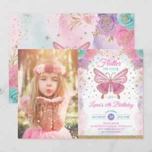 Invitation Magique Papillon rose violet or fée Anniversaire