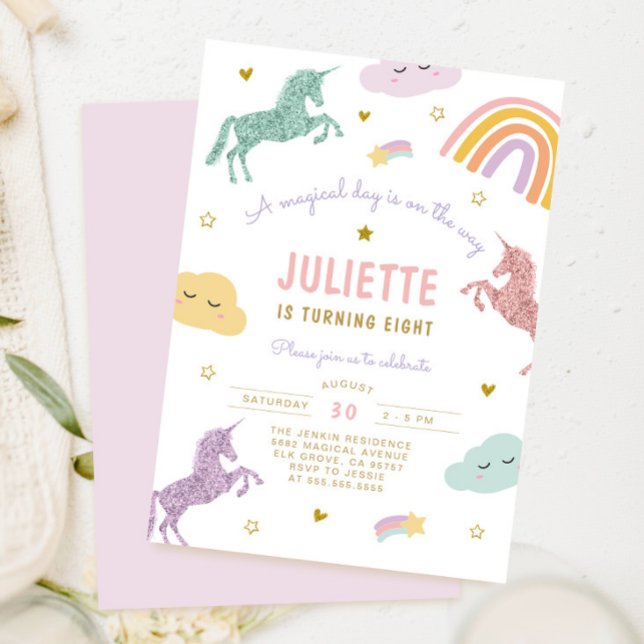 Invitation Magique Pastel Parties scintillant Unicorn Arc-en- (Créateur téléchargé)