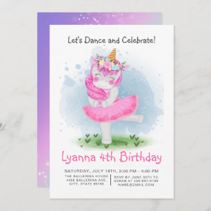 Invitation Magique Pink Tutu Danse Unicorn Anniversaire