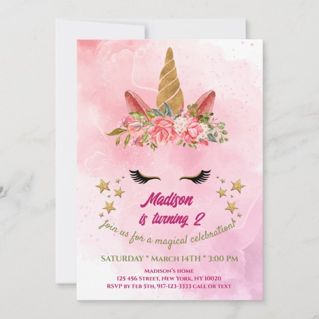 Invitation Magique Rainbow Unicorn Gold Parties scintillant f (Devant)