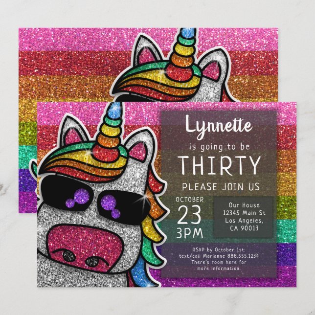 Invitation Magique Rainbow Unicorn Parties scintillant Whimsi (Devant / Derrière)