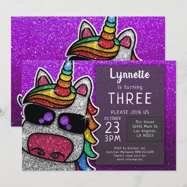 Invitation Magique Rainbow Unicorn Parties scintillant Whimsi (Devant / Derrière)