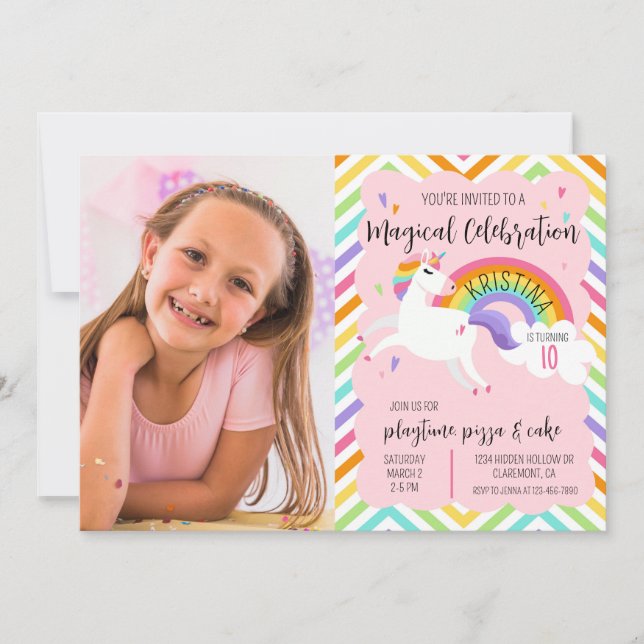 Invitation Magique Rainbow Unicorn Photo Anniversaire Invitat (Devant)
