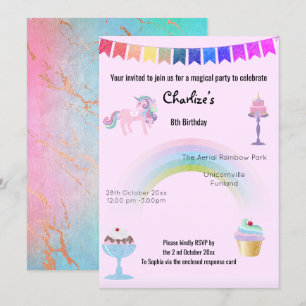 Invitation Magique Rainbow Unicorn Sweet Anniversaire rose