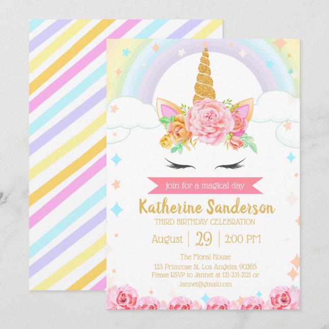 Invitation Magique Rainbow Unicorn Visage Floral Girls Annive (Devant / Derrière)