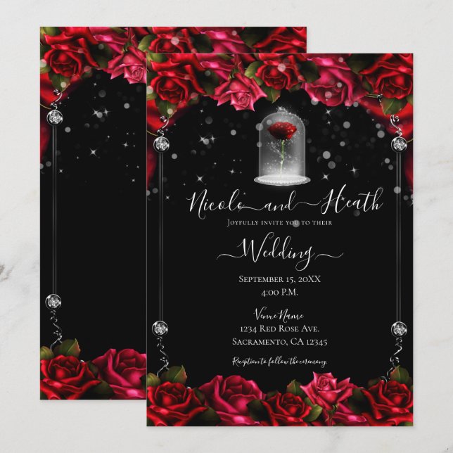 Invitation Magique Rose Rouge Blanc Or Argent Mariage noir (Devant / Derrière)