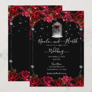 Invitation Magique Rose Rouge Blanc Or Argent Mariage noir