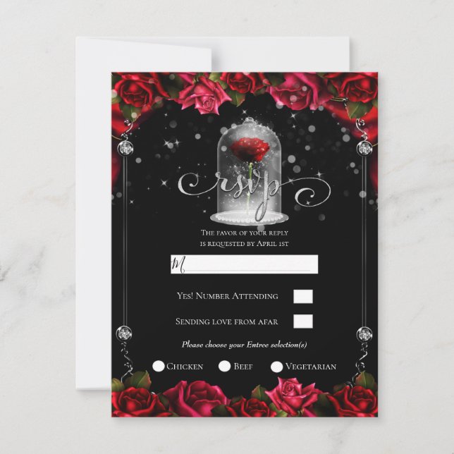 Invitation Magique Rose Rouge Blanc Or Argent Noir RSVP (Devant)