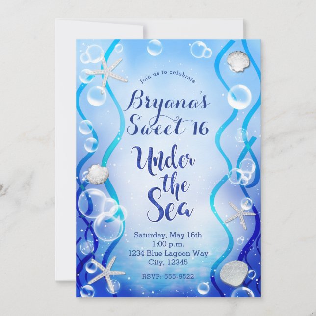 Invitation Magique Sous La Mer Bleu Fade Douce 16 Anniversair (Devant)
