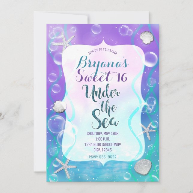 Invitation Magique Sous La Mer Purple Turquoise Sweet 16 Part (Devant)