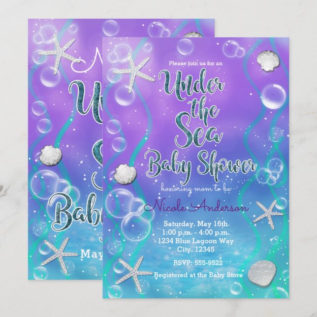 Invitation Magique sous le Baby shower Turquoise violet de la (Devant / Derrière)