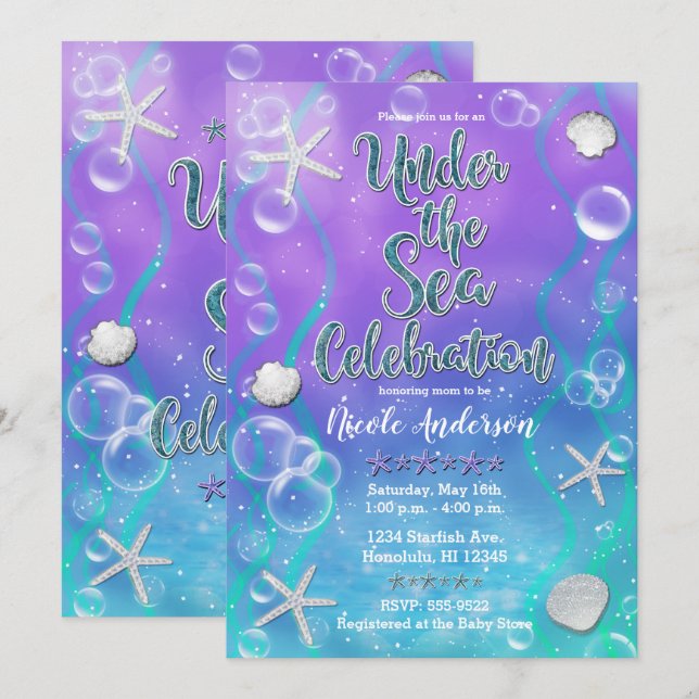 Invitation Magique sous le Baby shower Turquoise violet de la (Devant / Derrière)