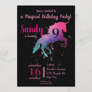 Invitation Magique tendance noir et rose Unicorn Anniversaire