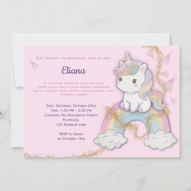 Invitation Magique Unicorn 5e anniversaire Pastel Rainbow (Devant)