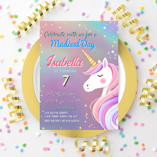 Invitation Magique Unicorn 7e Anniversaire Pastel Rainbow Thè