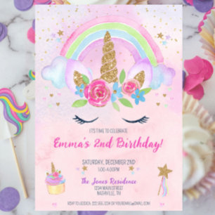 Invitation Magique Unicorn arc-en-ciel 2ème anniversaire Invi