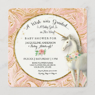 Invitation Magique Unicorn bébé fille douche Marbre Rose or
