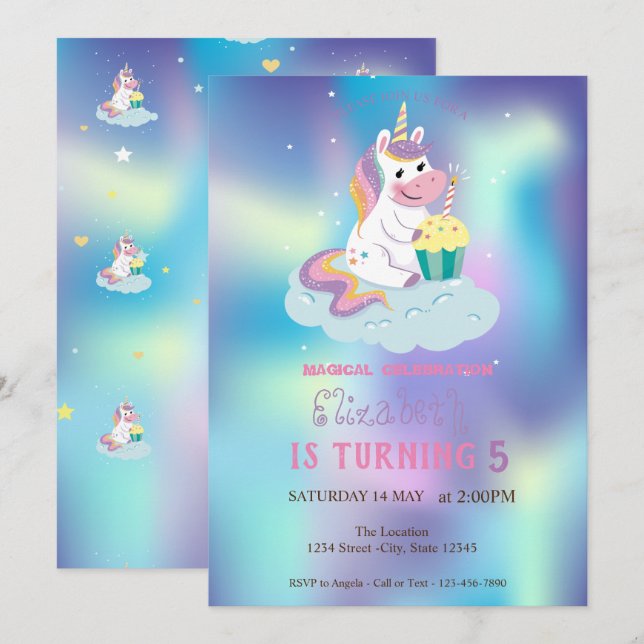 Invitation Magique Unicorn Blue Holographic Anniversaire (Devant / Derrière)
