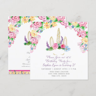 Invitation Magique Unicorn Horn Baby Girl Douche Aquarelle