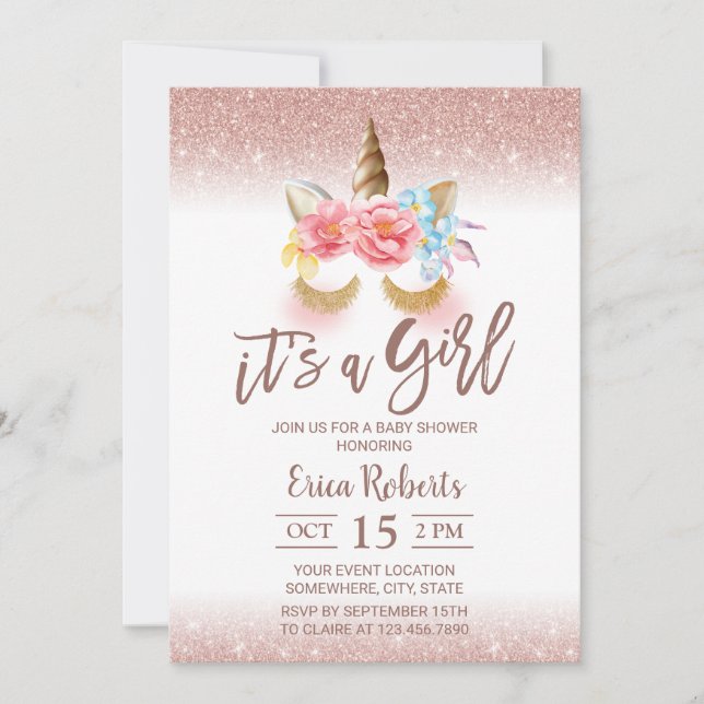 Invitation Magique Unicorn moderne Rose Baby shower Gold Girl (Devant)